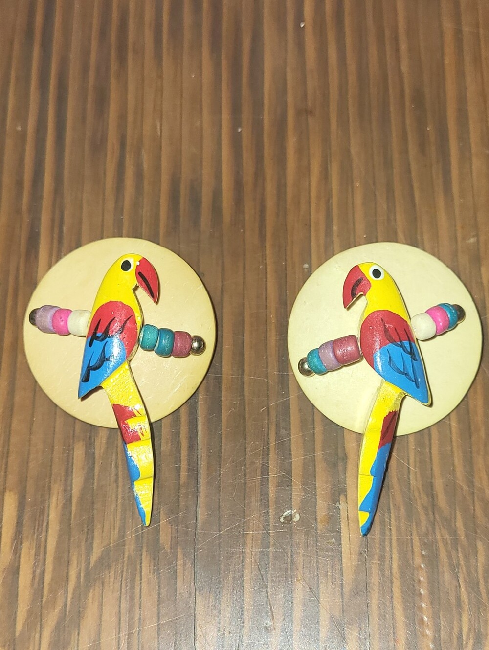 Vintage 1980s Hand Painted Wooden Parrot Post Earrings Tropical Retro 80s Macaw